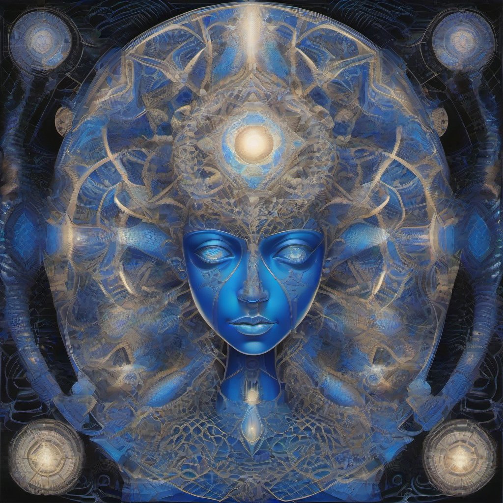 A glowing interdimensional mushroom deity with a radiant third eye stands amidst a surreal landscape of geometric portals and luminous lattices, rendered in mon