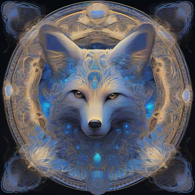 A glowing neon spirit-fox stands at the center of a perfectly symmetrical mandala, surrounded by towering bioluminescent mushrooms and intricate sacred geometry