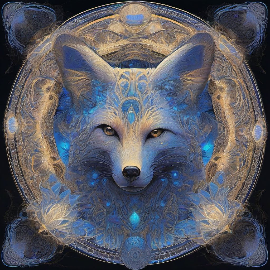 A glowing neon spirit-fox stands at the center of a perfectly symmetrical mandala, surrounded by towering bioluminescent mushrooms and intricate sacred geometry