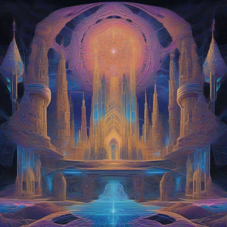A surreal, glowing cathedral made of luminous mycelium, surrounded by glowing temples and an aurora-lit sky, rendered in monochrome cobalt and silver with neon