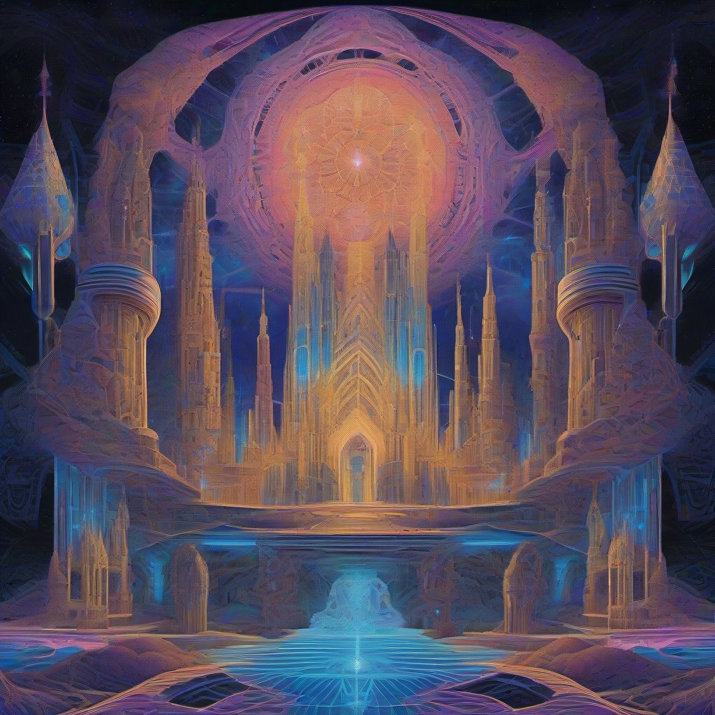 A surreal, glowing cathedral made of luminous mycelium, surrounded by glowing temples and an aurora-lit sky, rendered in monochrome cobalt and silver with neon