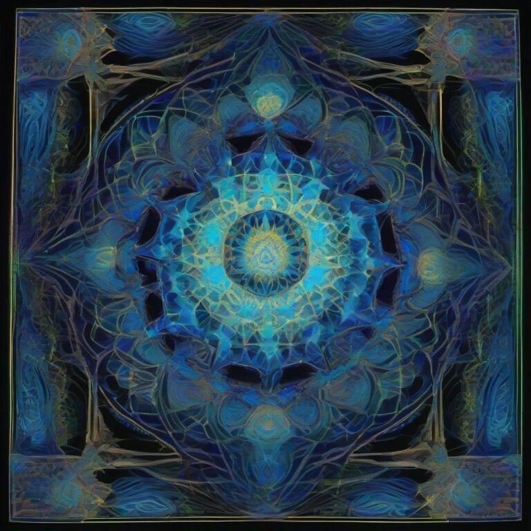 A highly detailed digital painting of a symmetrical mandala composed of glowing mycelium filaments, intricate sacred geometry, and fractal patterns in deep indi