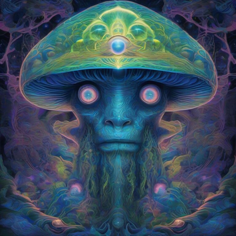 A glowing interdimensional mushroom deity with a luminous third eye floats within an endless fractal dreamscape, surrounded by glowing geometric patterns and ir