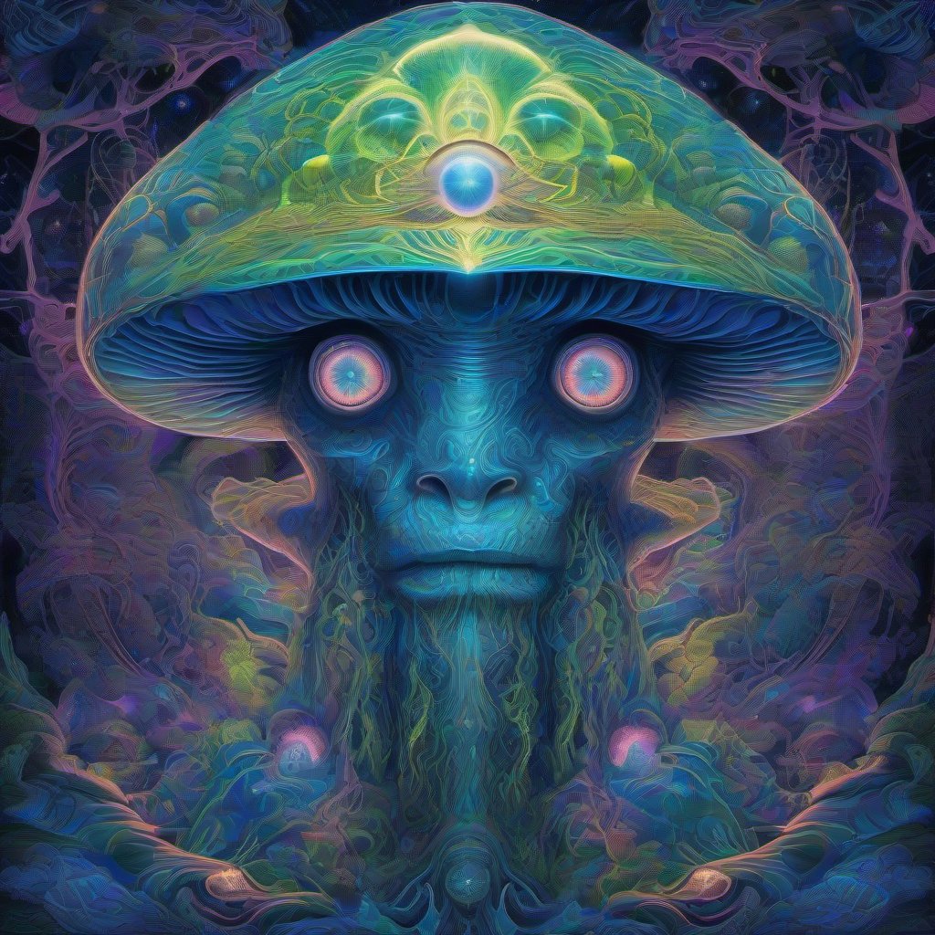 A glowing interdimensional mushroom deity with a luminous third eye floats within an endless fractal dreamscape, surrounded by glowing geometric patterns and ir