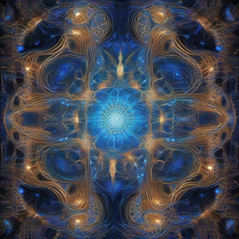 A surreal, glowing fractal landscape with a radiant cosmic being at its center, surrounded by intricate geometric patterns and glowing lines in a monochrome cob