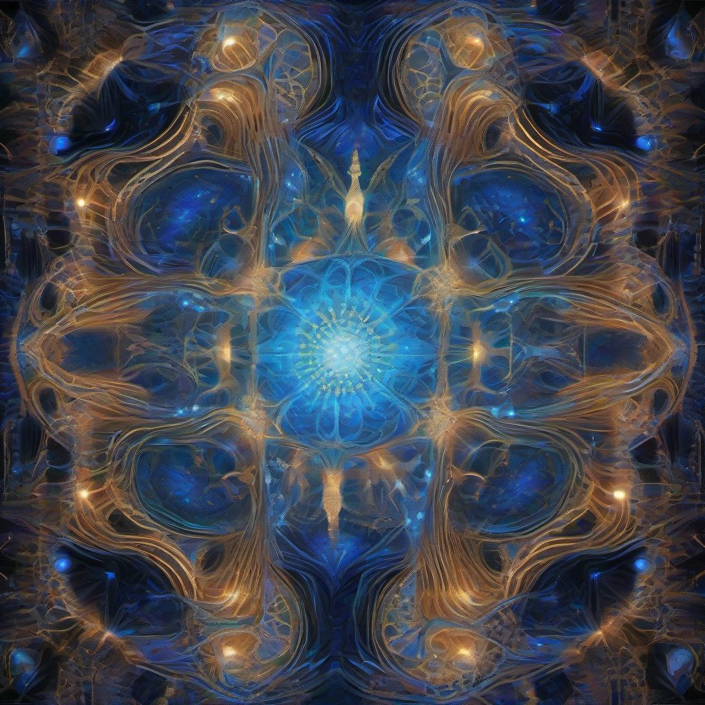 A surreal, glowing fractal landscape with a radiant cosmic being at its center, surrounded by intricate geometric patterns and glowing lines in a monochrome cob