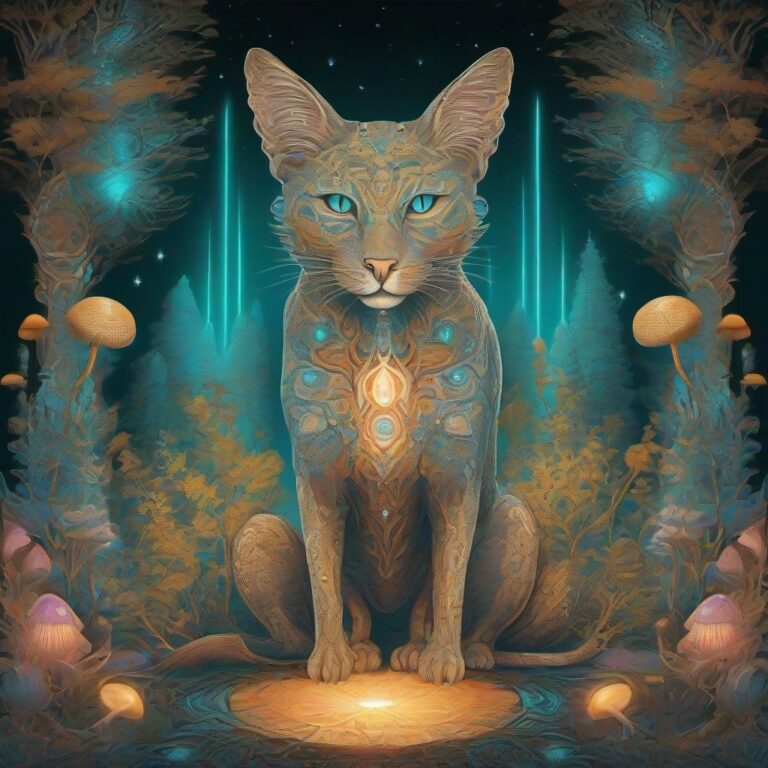 A radiant spirit-animal guardian stands in a glowing mushroom forest, surrounded by intricate bioluminescent patterns and celestial light, with a glowing third-
