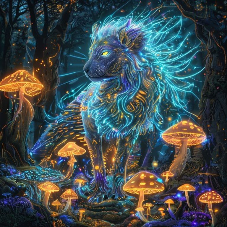 A radiant, ethereal spirit-animal guardian stands in a glowing mushroom forest, surrounded by bioluminescent fungi and intricate geometric patterns, all rendere