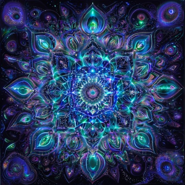 A highly detailed, symmetrical mandala radiating from a glowing fungal orb with multiple eyes, surrounded by intricate fractal patterns in deep indigo, teal, ac