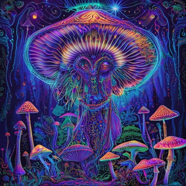 A glowing interdimensional mushroom deity with a luminous third eye, standing in a surreal forest of glowing mushrooms, surrounded by intricate fractal patterns