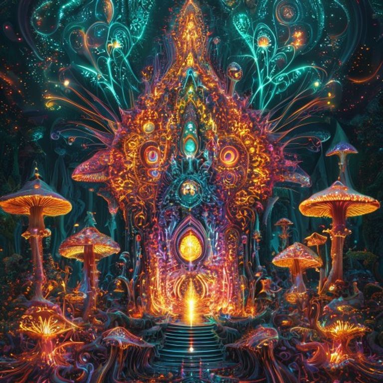 A glowing spirit-animal guardian stands in a cathedral formed from luminous mycelium, surrounded by a forest of glowing mushrooms and intricate fractal patterns