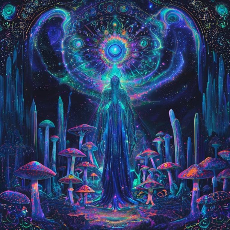 A glowing divine being with a third eye stands in a valley of crystalline toadstools, surrounded by symmetrical sacred geometry and a mandala, all illuminated b