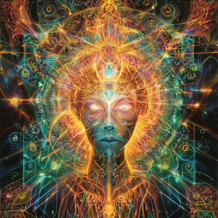A glowing, ascended cosmic being stands at the center of a symmetrical mandala, surrounded by intricate sacred geometry patterns. The figure has a luminous thir