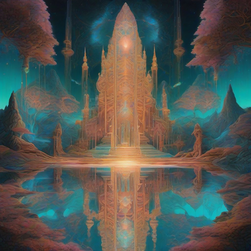 A detailed digital painting of a fractal cathedral grown from glowing mycelium, set in a vast cosmic landscape with aurora skies, glowing temples, and intricate