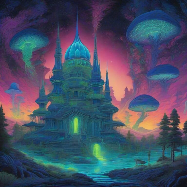 A surreal cosmic landscape featuring a glowing fungal oracle with many eyes, surrounded by glowing temples and auroras, with intricate bioluminescent patterns i