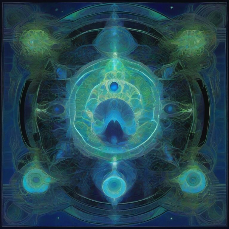 A glowing, multi-eyed fungal oracle floats within a surreal realm of interdimensional portals and geometric lattices, radiating deep indigo, teal, acid green, a