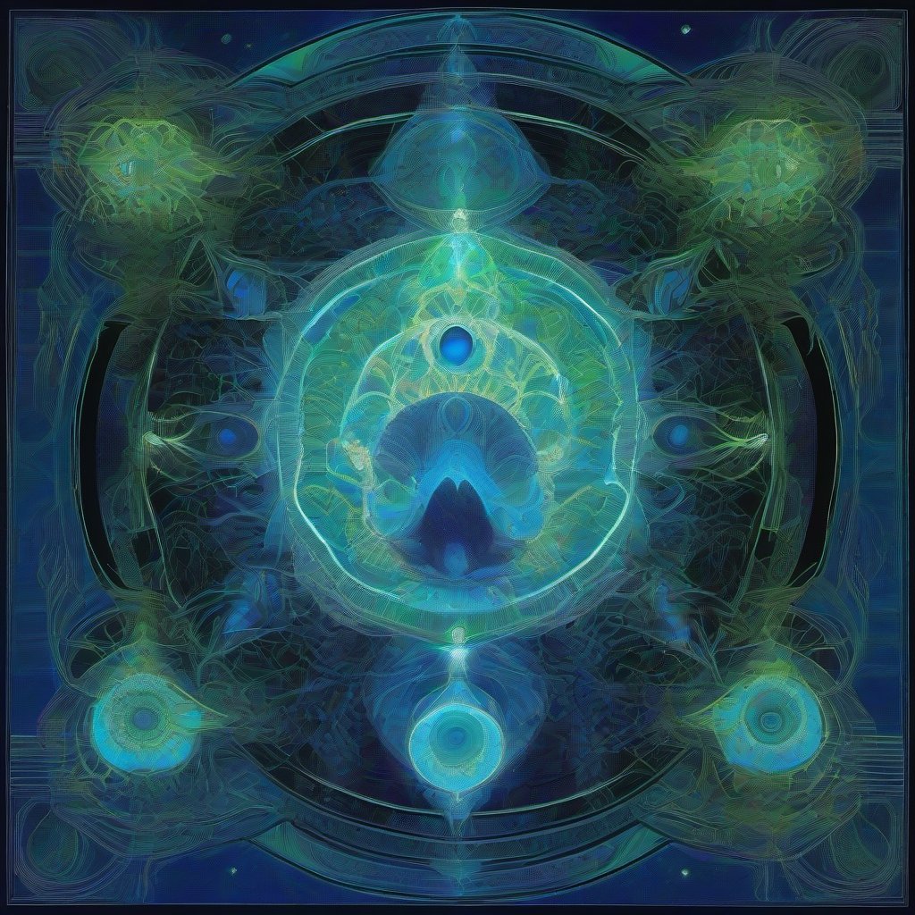 A glowing, multi-eyed fungal oracle floats within a surreal realm of interdimensional portals and geometric lattices, radiating deep indigo, teal, acid green, a