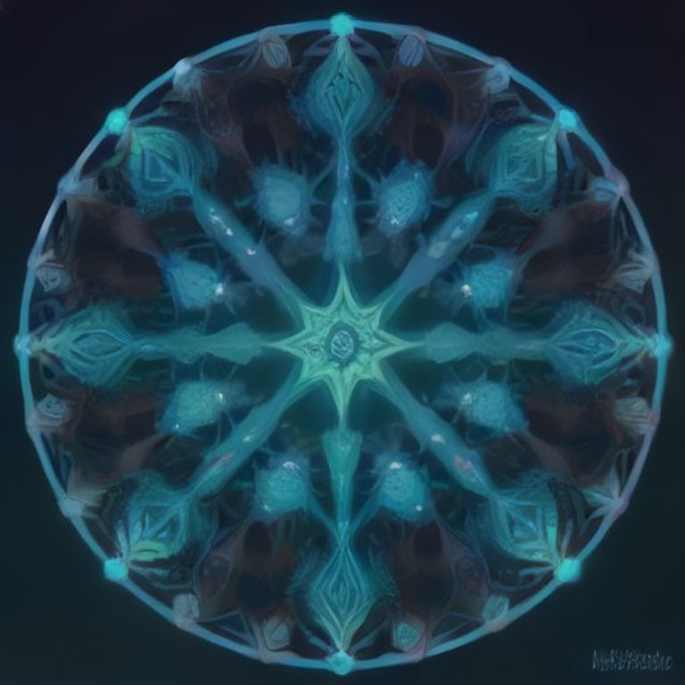 A highly detailed digital painting of a radiant interdimensional mushroom deity with a glowing third eye, surrounded by a symmetrical mandala of sacred geometry