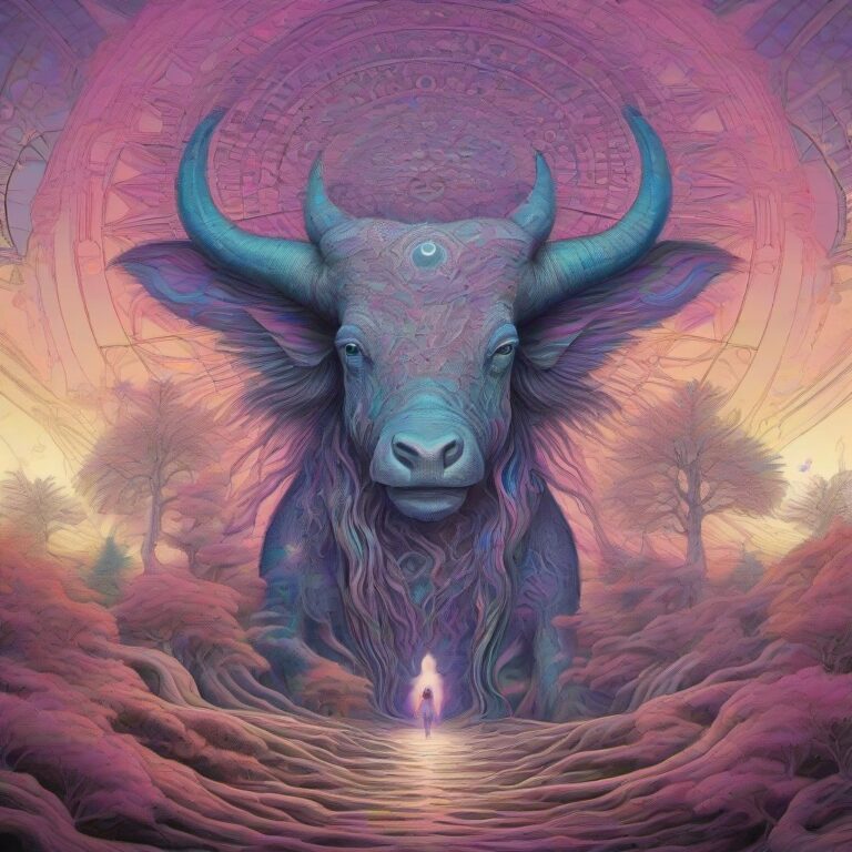 A radiant, otherworldly spirit-animal guardian stands in a glowing mushroom forest, surrounded by luminous fungi and intricate bioluminescent patterns. The scen