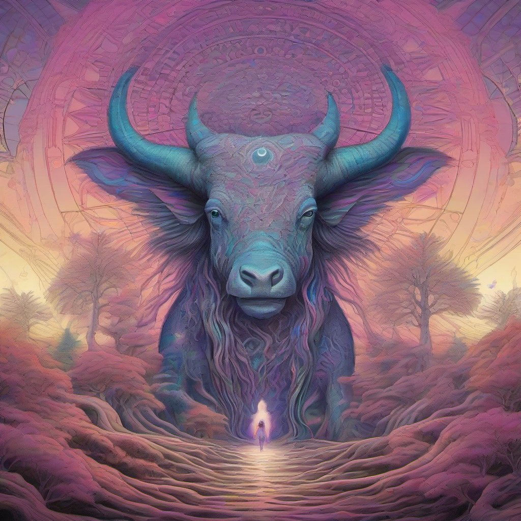 A radiant, otherworldly spirit-animal guardian stands in a glowing mushroom forest, surrounded by luminous fungi and intricate bioluminescent patterns. The scen