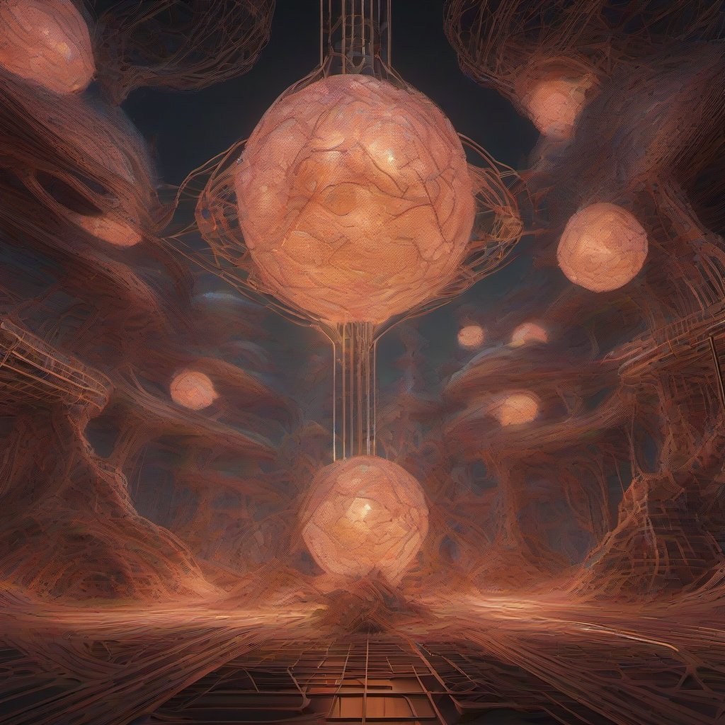 A surreal, glowing fractal landscape resembling a mycelial network, with intricate bioluminescent patterns in warm amber, rose, gold, and soft teal, forming a c