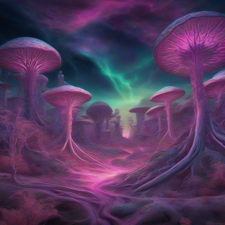 A psychedelic landscape featuring towering crystalline toadstools glowing in hot magenta and radiant gold, surrounded by glowing temples and illuminated by an a