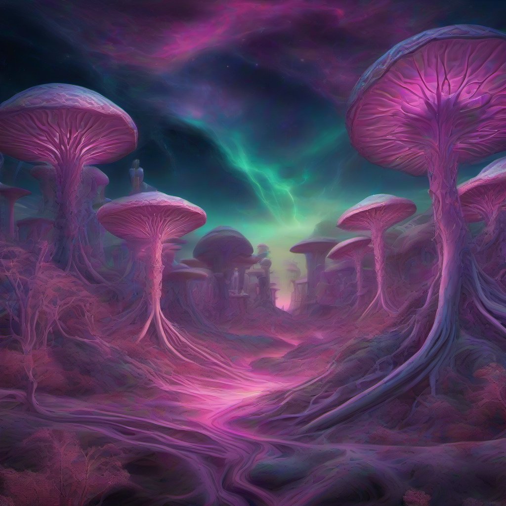 A psychedelic landscape featuring towering crystalline toadstools glowing in hot magenta and radiant gold, surrounded by glowing temples and illuminated by an a