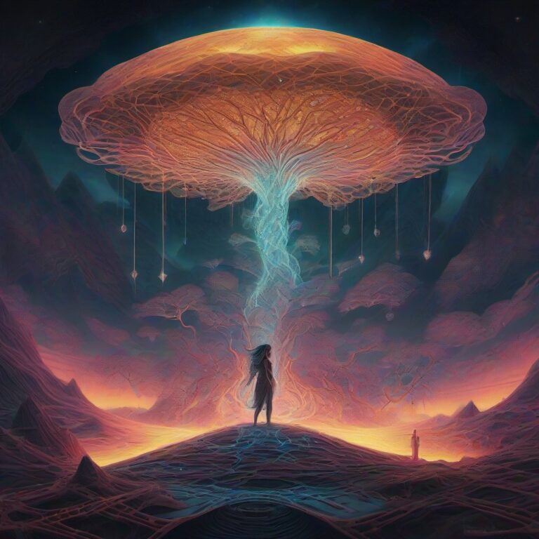 A glowing divine figure with a third eye stands in a valley of crystalline toadstools, surrounded by an aurora of vibrant colors and intricate geometric pattern