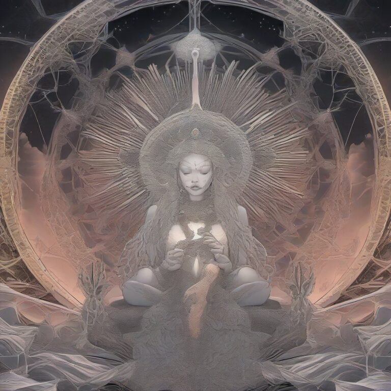 A radiant, hybrid spirit-animal guardian with the body of a serpent and the face of a feline, crowned in light, stands in a glowing mushroom forest. The guardia