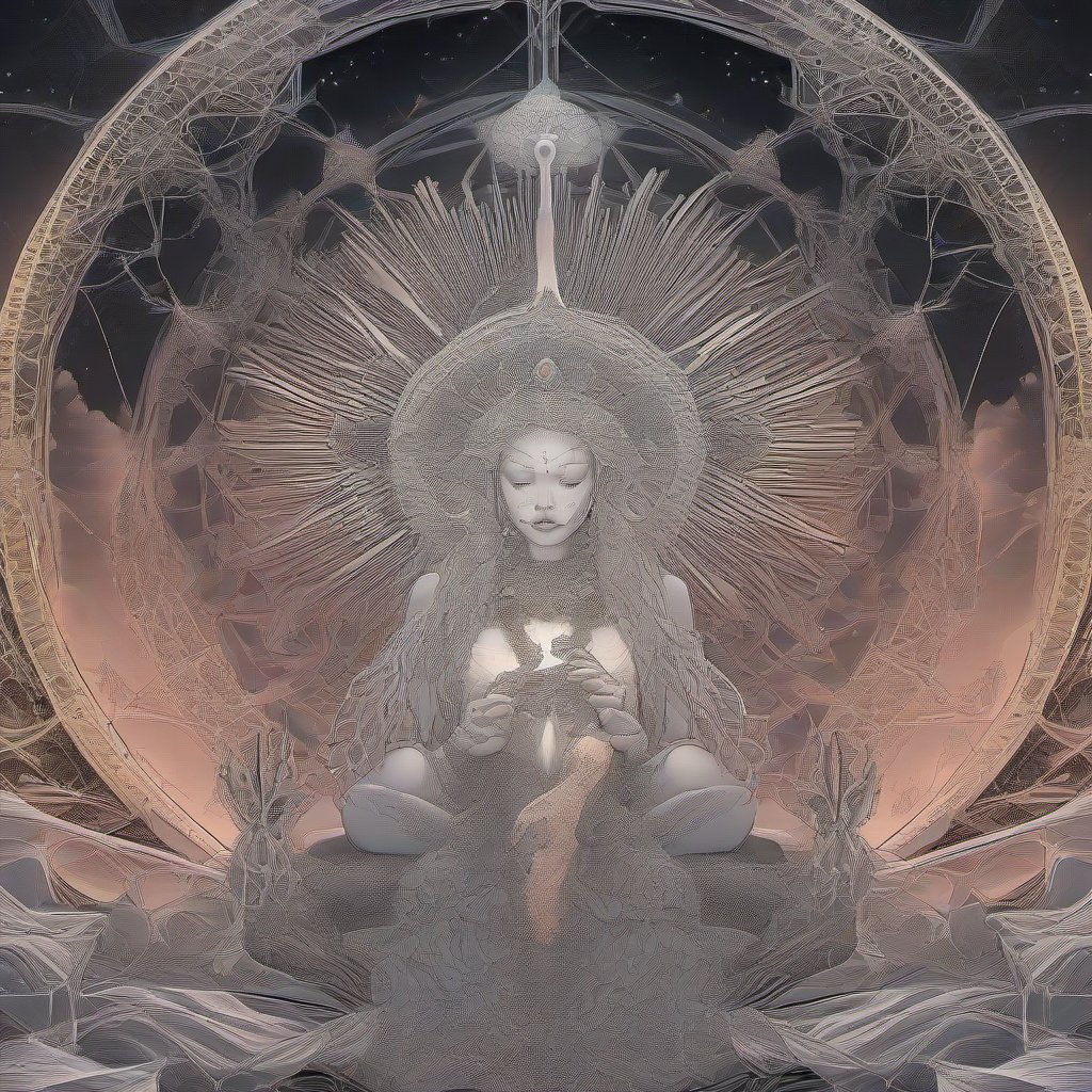 A radiant, hybrid spirit-animal guardian with the body of a serpent and the face of a feline, crowned in light, stands in a glowing mushroom forest. The guardia