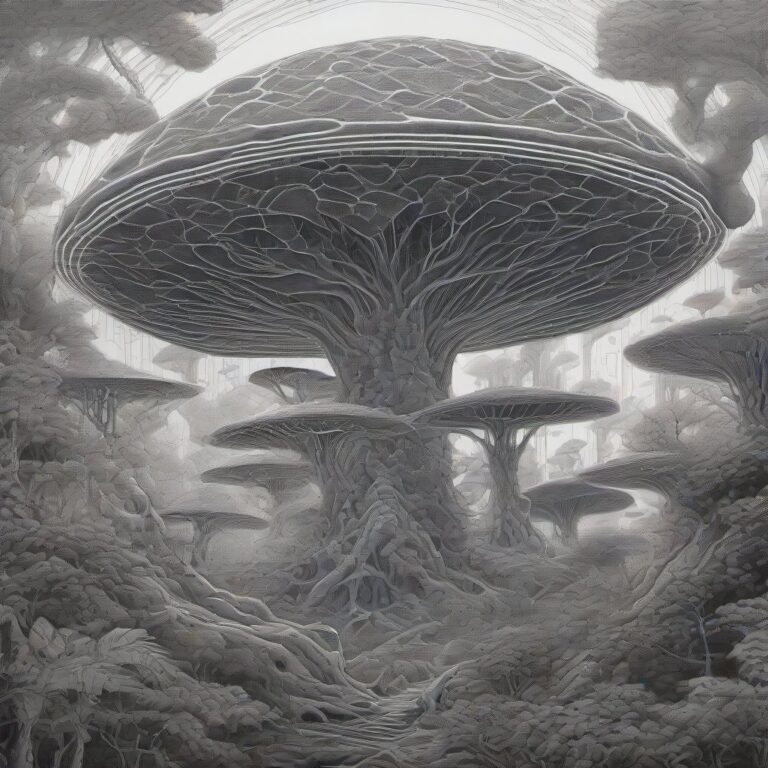 A glowing spirit-animal guardian stands in a bioluminescent mushroom forest, surrounded by a glowing mycelial network that connects to a starry galaxy above, re