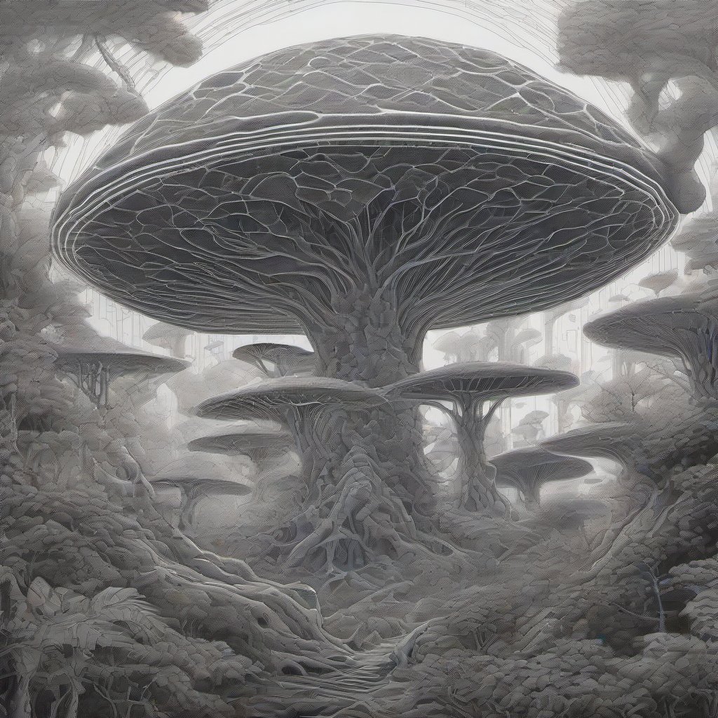 A glowing spirit-animal guardian stands in a bioluminescent mushroom forest, surrounded by a glowing mycelial network that connects to a starry galaxy above, re