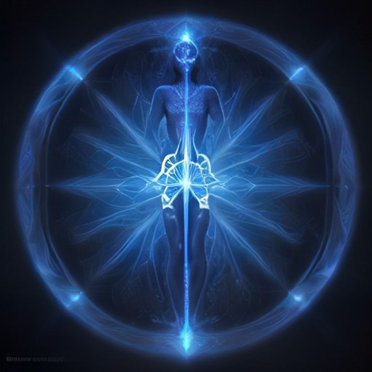 A glowing, ascended cosmic being is surrounded by a surreal landscape of interdimensional portals and lattices made of light, rendered in monochrome cobalt and