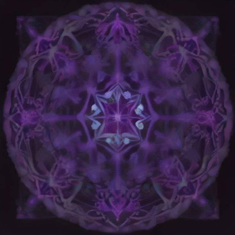 A highly detailed digital painting of a symmetrical mandala composed of sacred geometry and fractal patterns, glowing in ultraviolet purple, electric cyan, hot