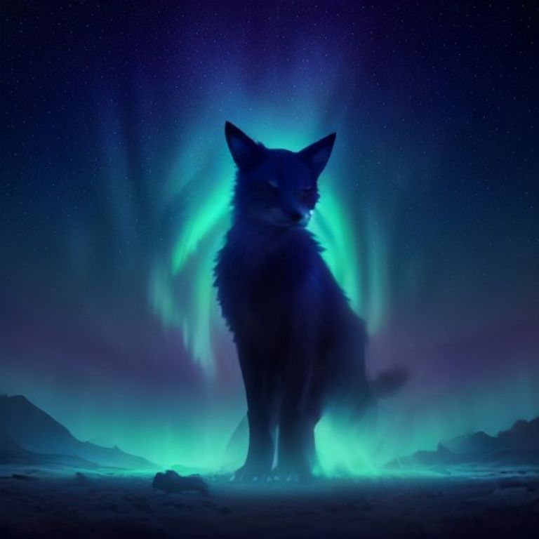 A glowing neon spirit-fox guardian stands among giant bioluminescent mushrooms in a vast cosmic landscape, with glowing temples and an aurora-filled sky filled