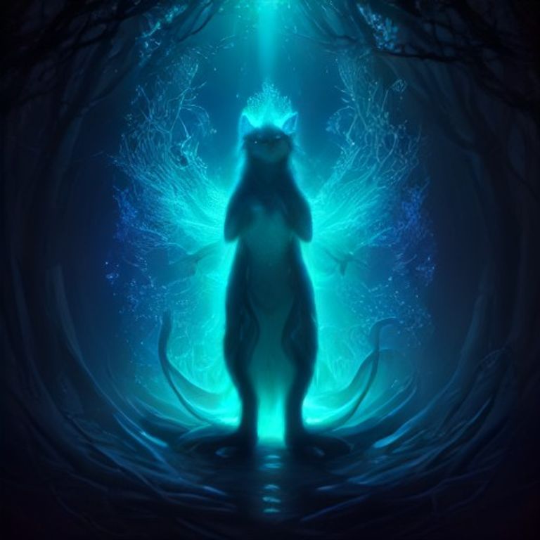 A radiant spirit-animal guardian, part serpent and part feline, crowned in light, stands in a glowing mushroom forest filled with bioluminescent fungi and intri