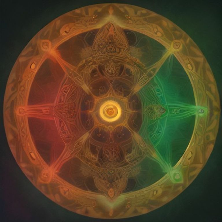 A radiant divine being, part serpent and part feline, stands at the center of a glowing mandala. Its third eye emits soft teal light, surrounded by intricate ge