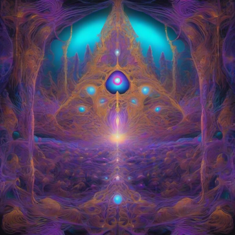 A surreal, glowing fractal landscape depicting a network of glowing mycelial threads forming a galactic structure, rendered in vibrant ultraviolet, cyan, magent