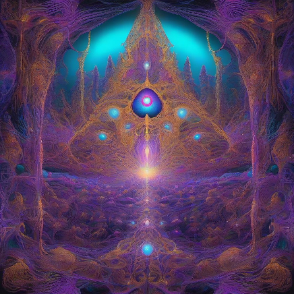 A surreal, glowing fractal landscape depicting a network of glowing mycelial threads forming a galactic structure, rendered in vibrant ultraviolet, cyan, magent