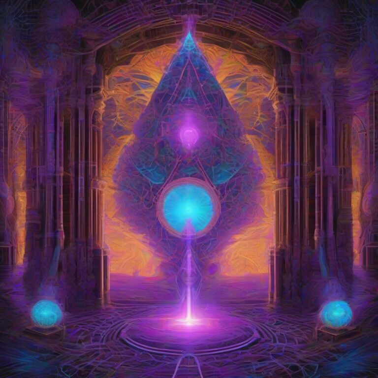 A surreal, glowing temple made of bioluminescent fungi, surrounded by intricate geometric portals and lattices of light, rendered in ultraviolet purple, electri