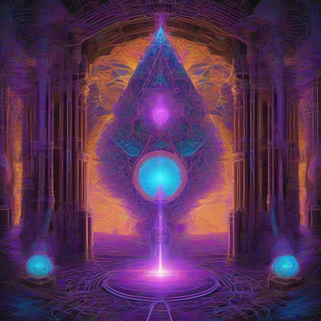 A surreal, glowing temple made of bioluminescent fungi, surrounded by intricate geometric portals and lattices of light, rendered in ultraviolet purple, electri