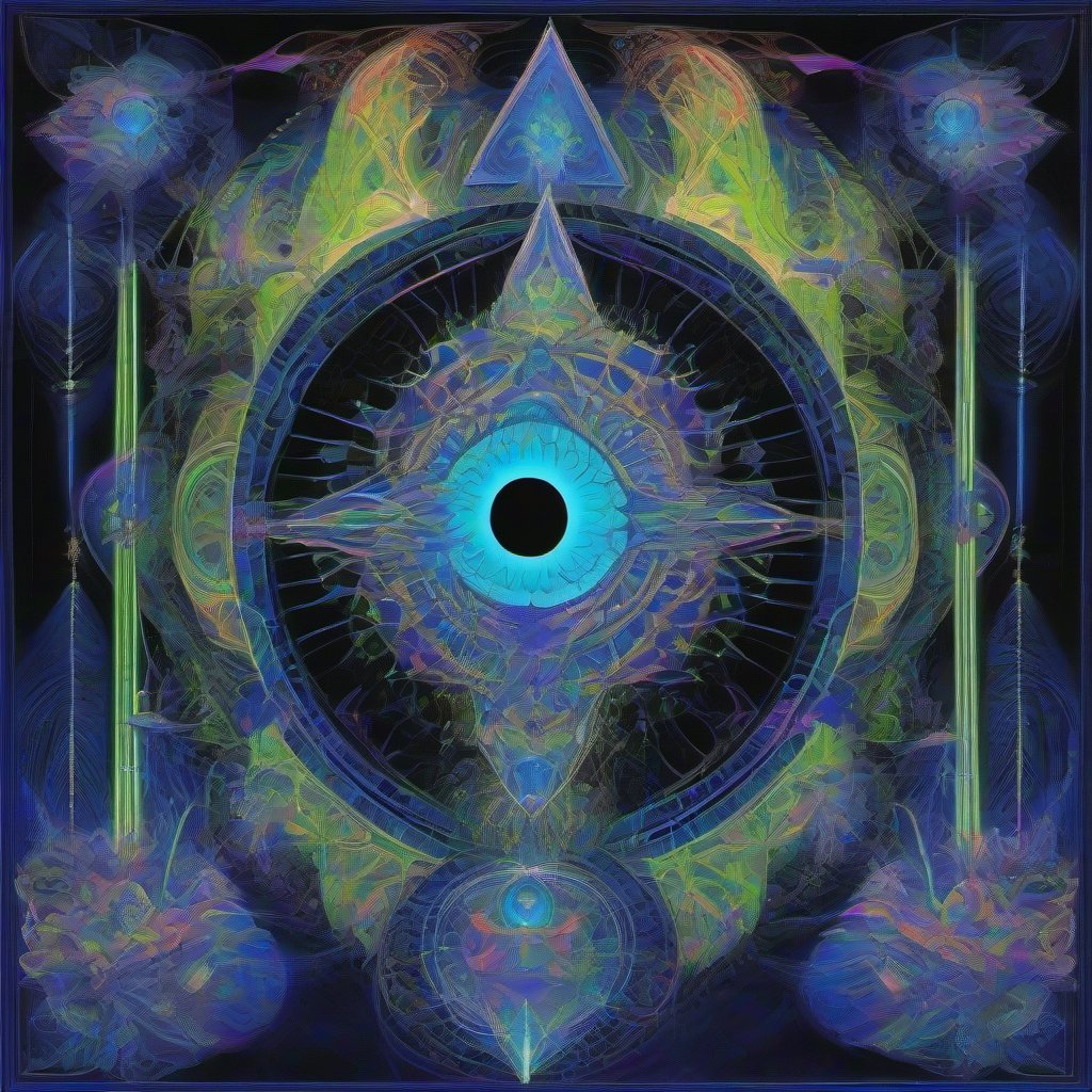 A psychedelic artwork depicting an interdimensional entity surrounded by glowing geometric portals and lattices of light, rendered in deep indigo, teal, acid gr