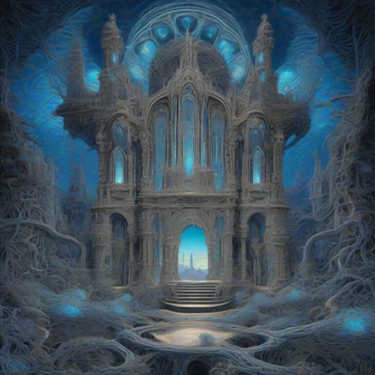 A surreal, glowing cathedral formed from bioluminescent mycelium, surrounded by intricate fractal patterns in a monochrome cobalt and silver palette with neon h