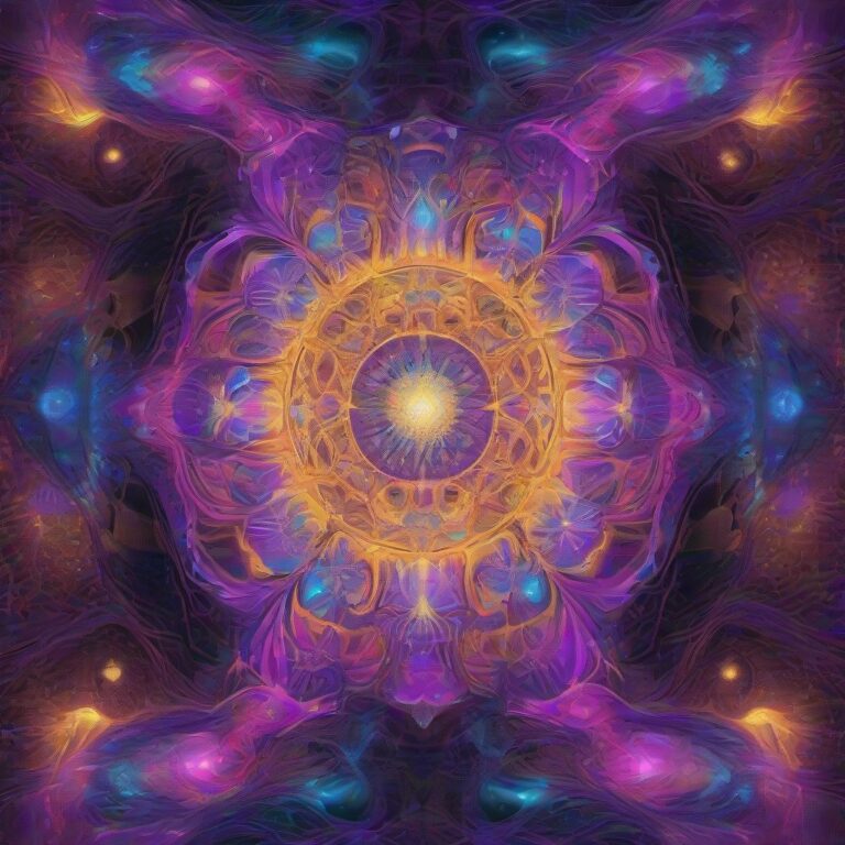 A glowing cosmic being radiates from a complex fractal dreamscape, surrounded by intricate geometric patterns and glowing lines in vibrant colors.