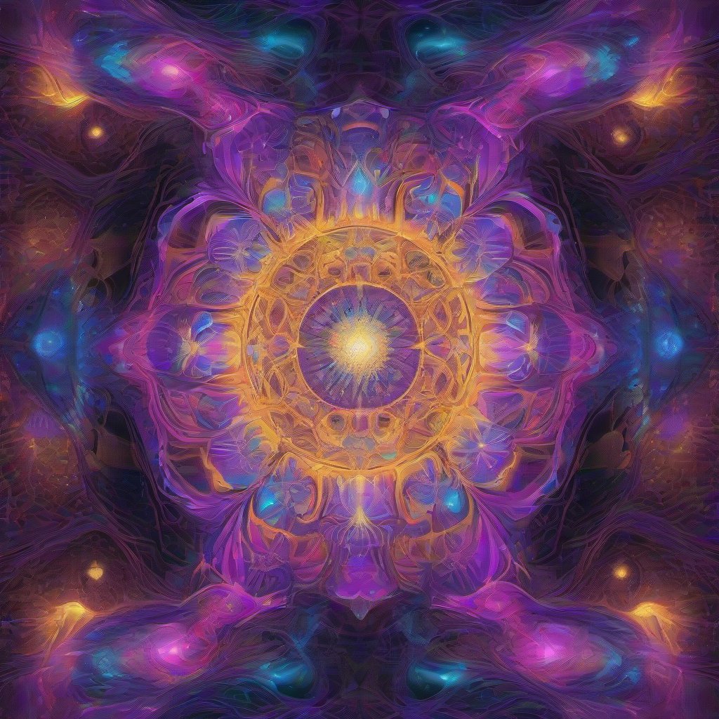 A glowing cosmic being radiates from a complex fractal dreamscape, surrounded by intricate geometric patterns and glowing lines in vibrant colors.