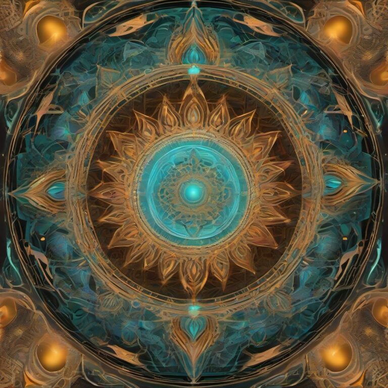 A highly detailed digital painting of a symmetrical mandala composed of glowing bioluminescent fungi, arranged in intricate sacred geometry and fractal patterns