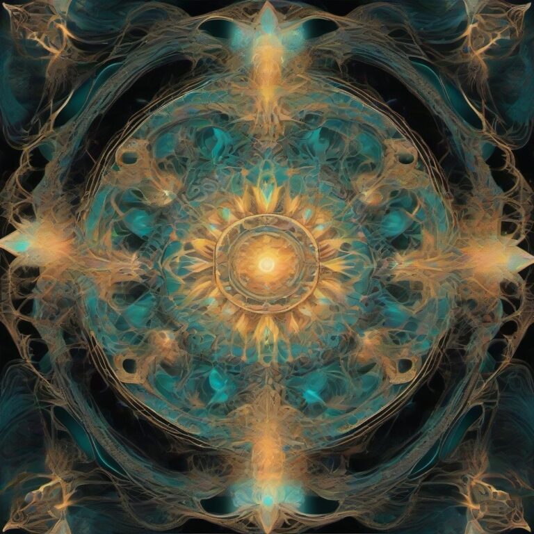A symmetrical mandala of glowing crystalline toadstools, surrounded by intricate fractal patterns and sacred geometry, illuminated in warm amber, rose, gold, an