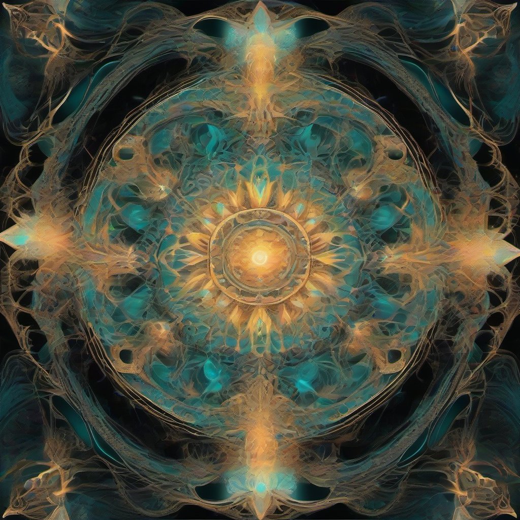 A symmetrical mandala of glowing crystalline toadstools, surrounded by intricate fractal patterns and sacred geometry, illuminated in warm amber, rose, gold, an