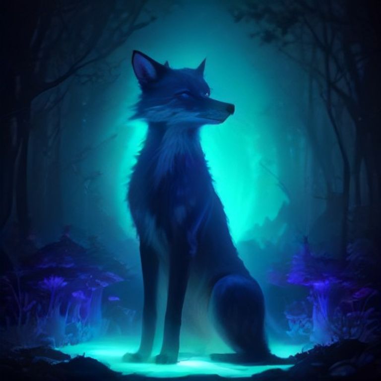 A glowing neon spirit-fox guardian stands amidst a towering forest of bioluminescent mushrooms in a surreal, fractal dreamscape filled with iridescent colors an