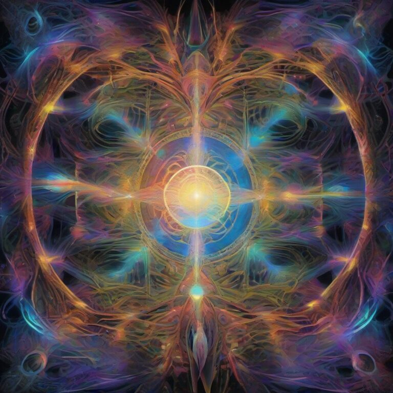 A glowing cosmic being radiates light from the center of a complex fractal dreamscape, surrounded by intricate geometric patterns, glowing lines, and iridescent